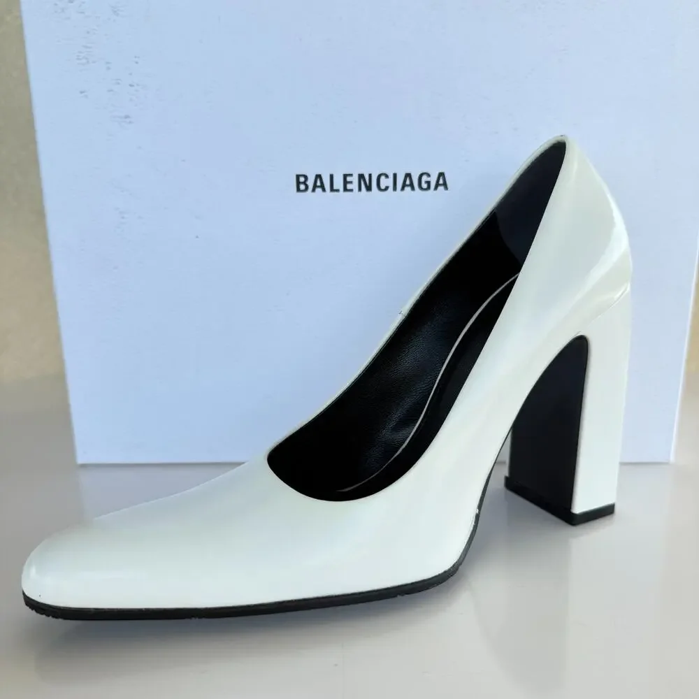 NIB Balenciaga Round 110 White Shiny Patent Leather High Heel Pumps Size 35.5